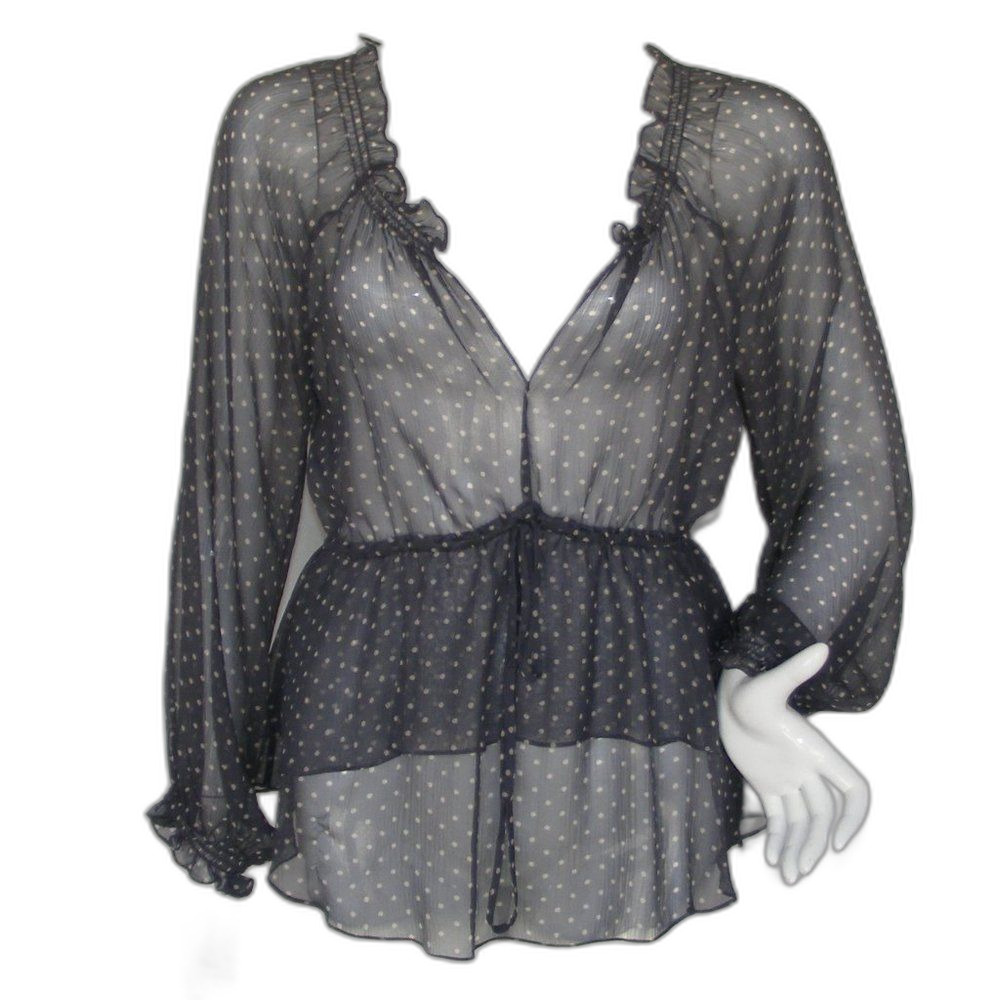 REBECCA TAYLOR Sheer Blouse, 4, Ruffle neck/cuffs, Polka Dots, Blue-gray/Taupe
